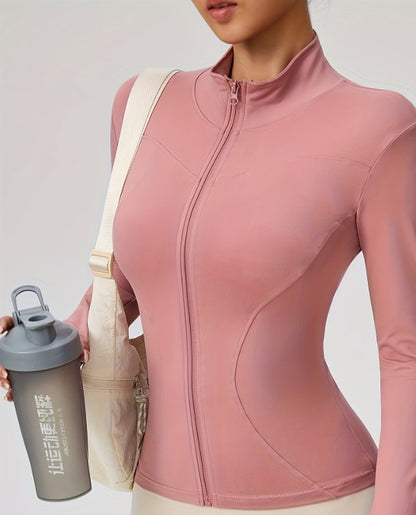 Women’s Zip-Up Yoga Jacket – Slim Fit Long Sleeve Stand Collar Activewear for Running & Fitness 💪