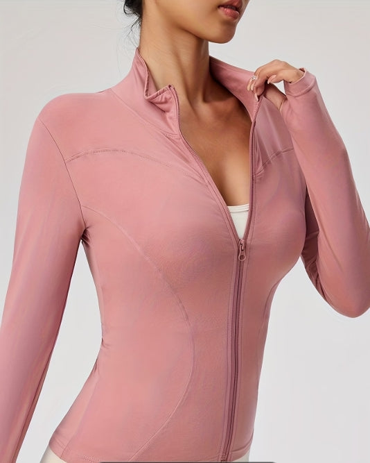 Women’s Zip-Up Yoga Jacket – Slim Fit Long Sleeve Stand Collar Activewear for Running & Fitness 💪