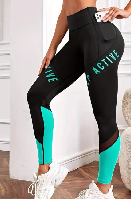 Women’s Color-Blocked Yoga Leggings – Mesh Patchwork High-Waist Fitness Tights with Pocket 💪