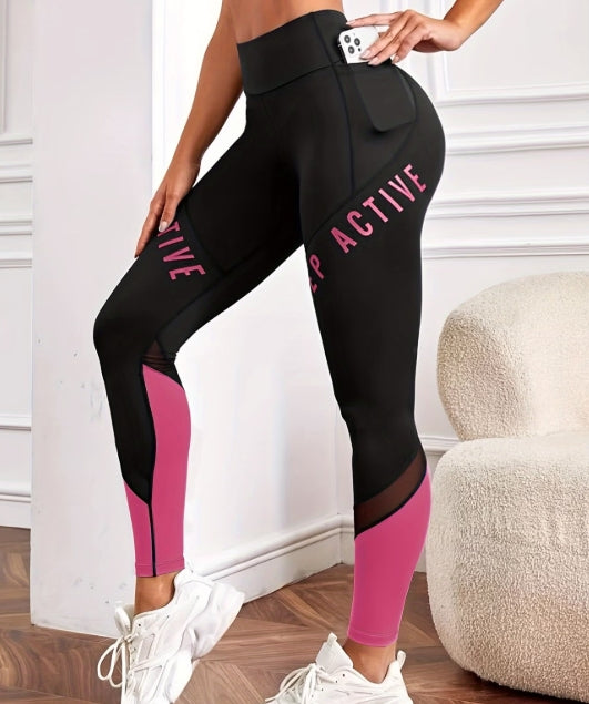 Women’s Color-Blocked Yoga Leggings – Mesh Patchwork High-Waist Fitness Tights with Pocket 💪