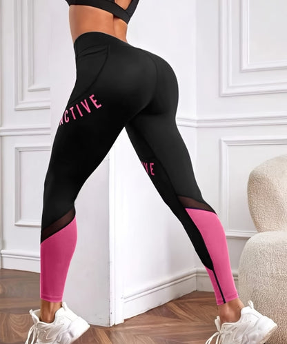 Women’s Color-Blocked Yoga Leggings – Mesh Patchwork High-Waist Fitness Tights with Pocket 💪