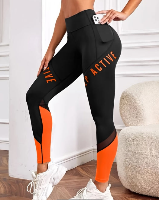 Women’s Color-Blocked Yoga Leggings – Mesh Patchwork High-Waist Fitness Tights with Pocket 💪